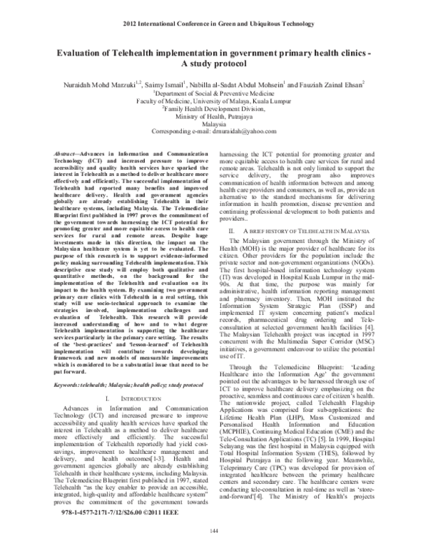 (PDF) Evaluation of Telehealth implementation in government primary ...