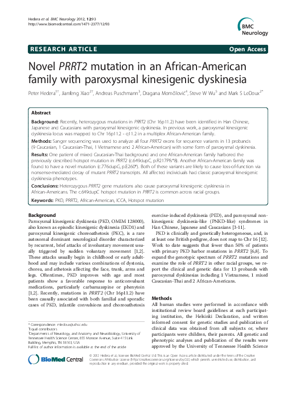(PDF) Novel PRRT2 mutation in an African-American family with ...