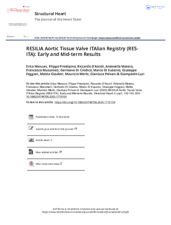 (PDF) RESILIA Aortic Tissue Valve ITAlian Registry (RES-ITA): Early and ...