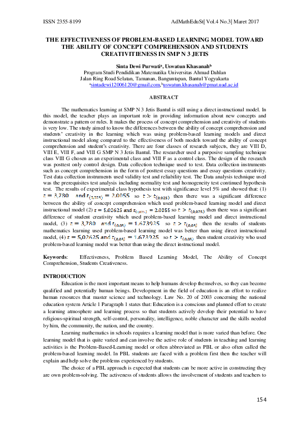 (PDF) The Effectiveness of Problem-Based Learning Model Toward the ...