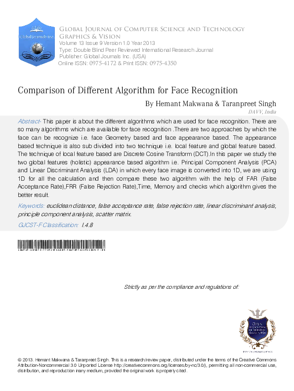 (PDF) Comparison of Different Algorithm for Face Recognition By Hemant ...
