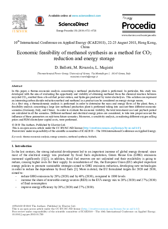 (PDF) Economic feasibility of methanol synthesis as a method for CO2 ...