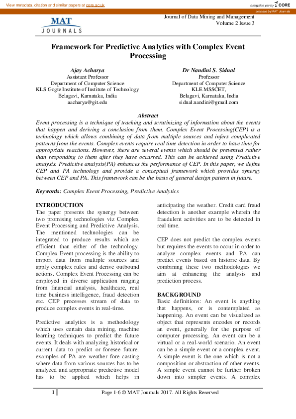 (PDF) Framework for Predictive Analytics with Complex Event Processing