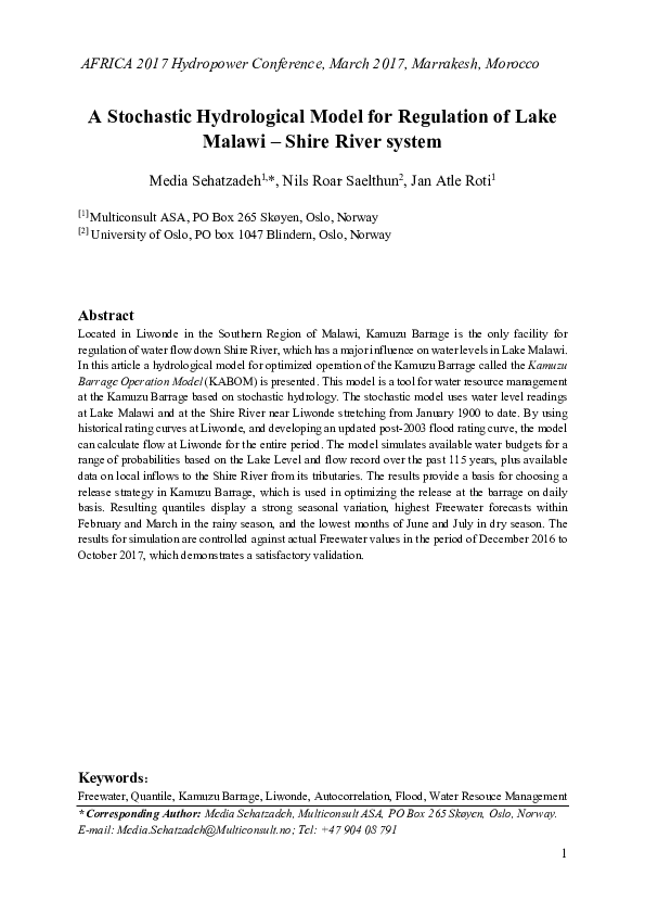 (PDF) A Stochastic Hydrological Model for Regulation of Lake Malawi ...