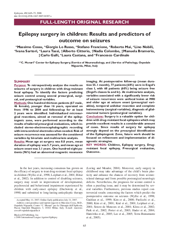 (PDF) Epilepsy Surgery in Children: Results and Predictors of Outcome ...