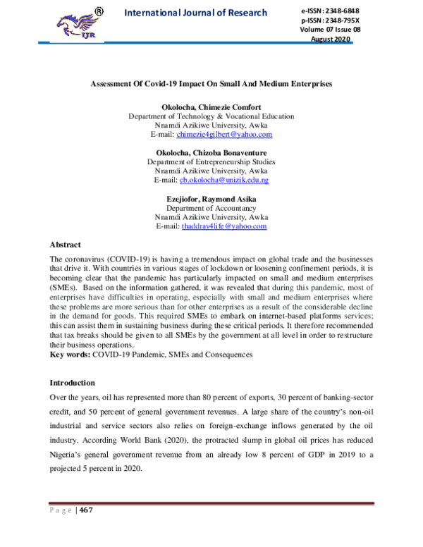 (PDF) Assessment of Covid-19 Impact on Small and Medium Enterprises