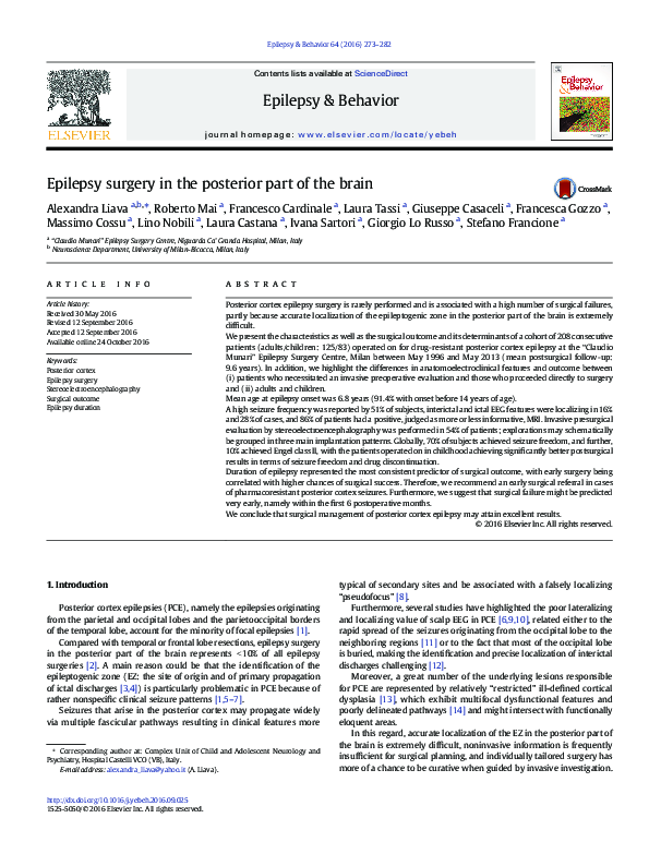 (PDF) Epilepsy surgery in the posterior part of the brain