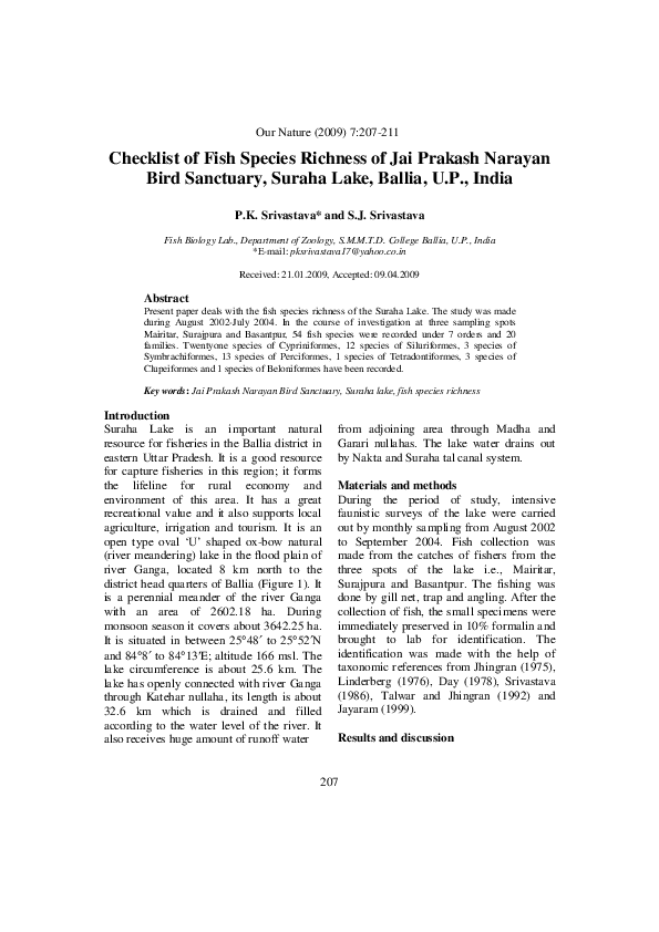 (PDF) Checklist of Fish Species Richness of Jai Prakash Narayan Bird ...