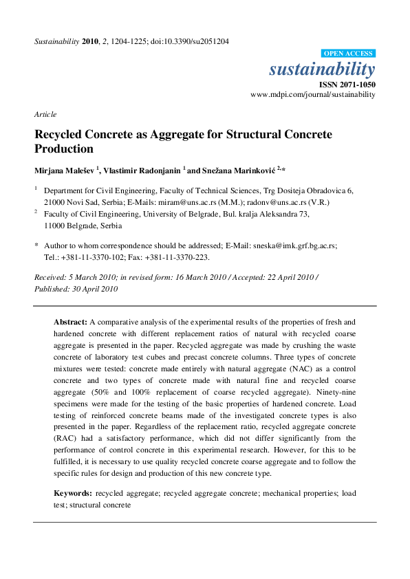 (PDF) Recycled Concrete as Aggregate for Structural Concrete Production