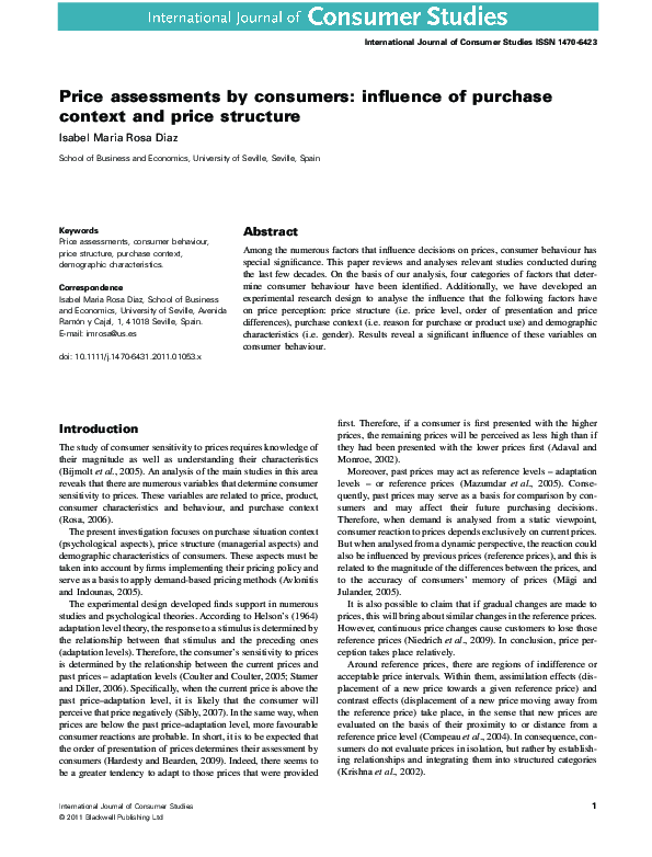 (PDF) Price assessments by consumers: influence of purchase context and ...