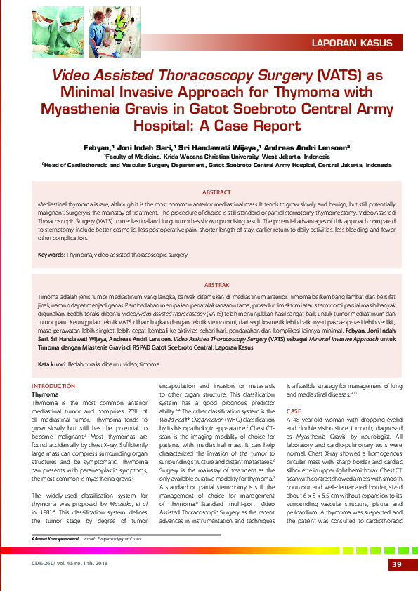 (PDF) Video Assisted Thoracoscopy Surgery (VATS) as Minimal Invasive ...