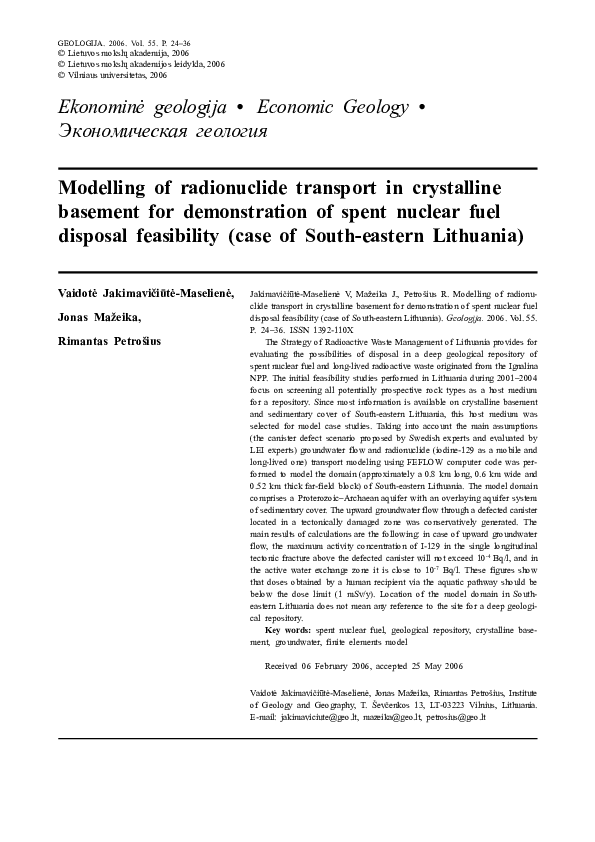 (PDF) Modelling of radionuclide transport in crystalline basement for ...