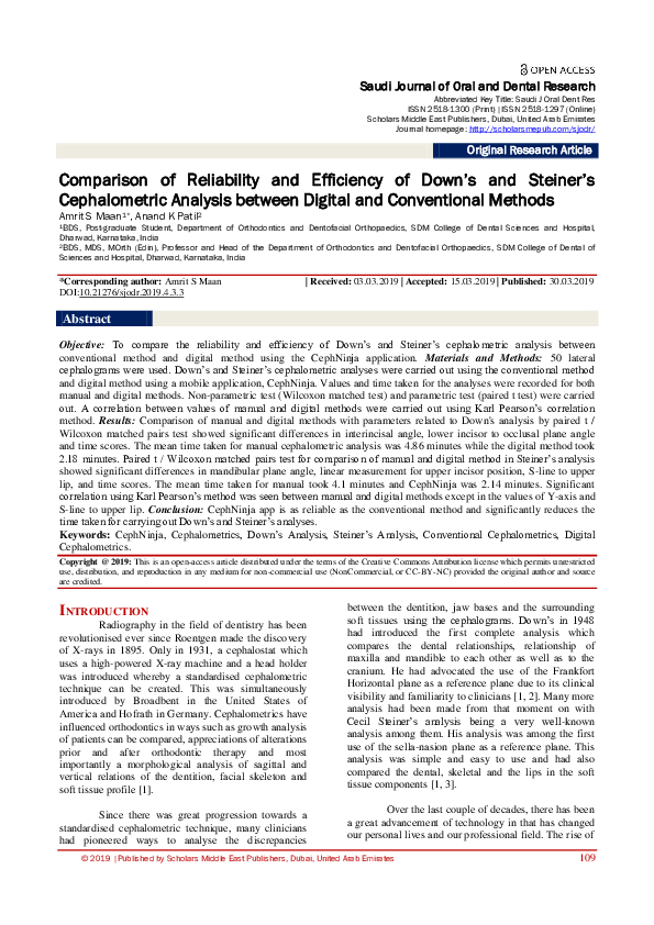(PDF) Comparison of Reliability and Efficiency of Down’s and Steiner’s ...