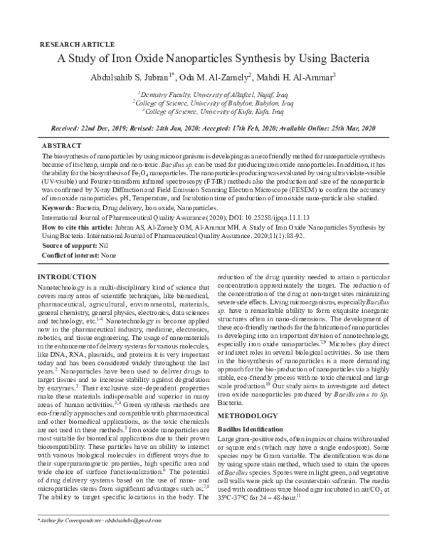 (PDF) A Study of Iron Oxide Nanoparticles Synthesis by Using Bacteria
