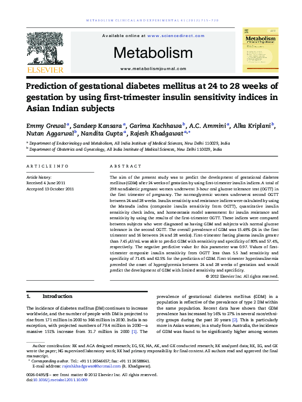 (PDF) Prediction of gestational diabetes mellitus at 24 to 28 weeks of ...
