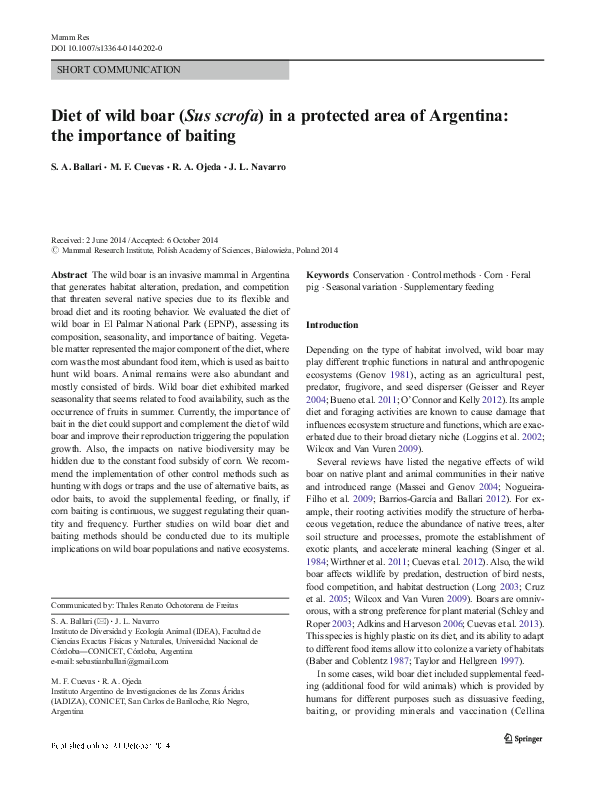 (PDF) Diet of wild boar (Sus scrofa) in a protected area of Argentina ...