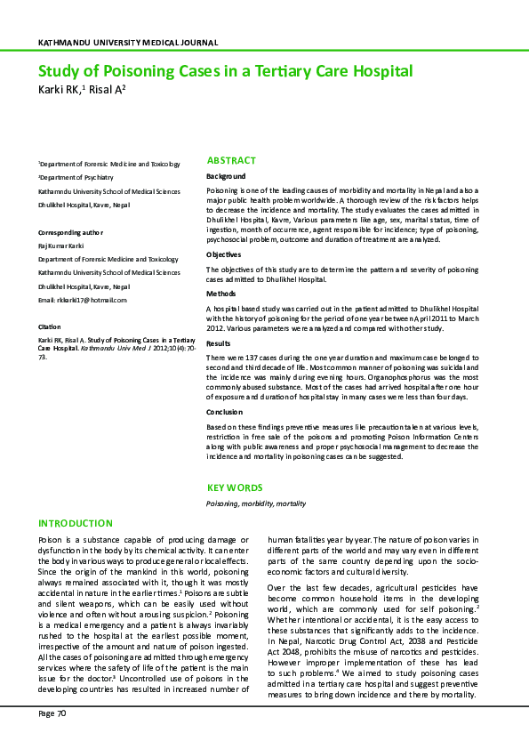 (PDF) Study of Poisoning Cases in a Tertiary Care Hospital