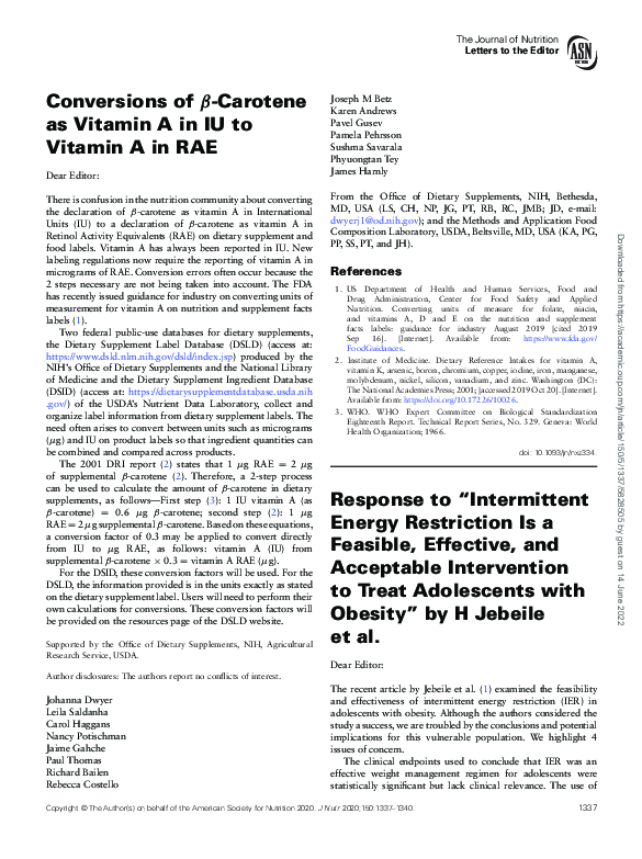 (PDF) Conversions of βCarotene as Vitamin A in IU to Vitamin A in RAE