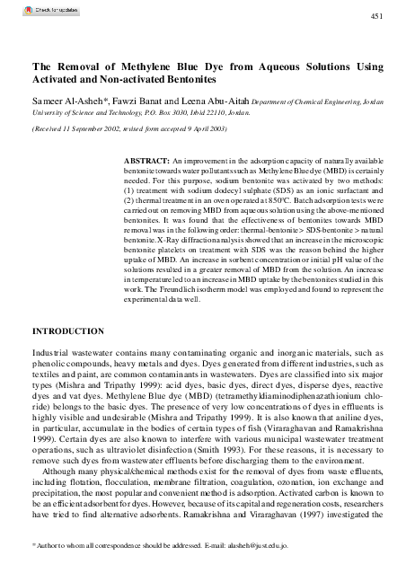 (PDF) The Removal of Methylene Blue Dye from Aqueous Solutions Using ...