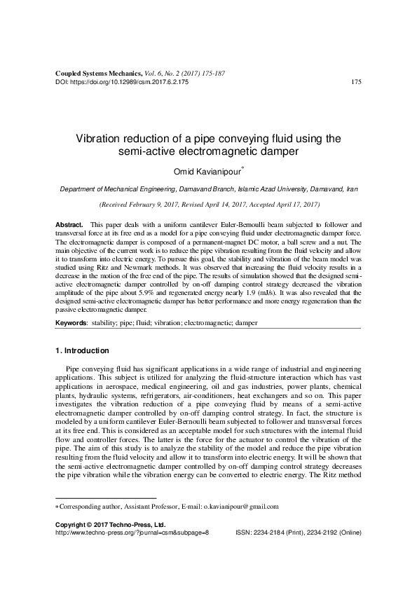 (PDF) Vibration reduction of a pipe conveying fluid using the semi ...