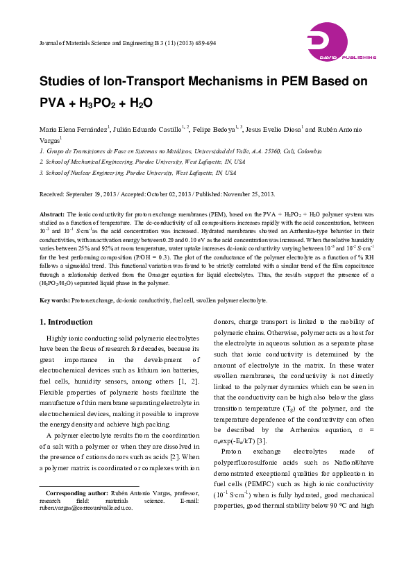 (PDF) Studies of Ion-Transport Mechanisms in PEM Based on PVA + H3PO2 + H2O