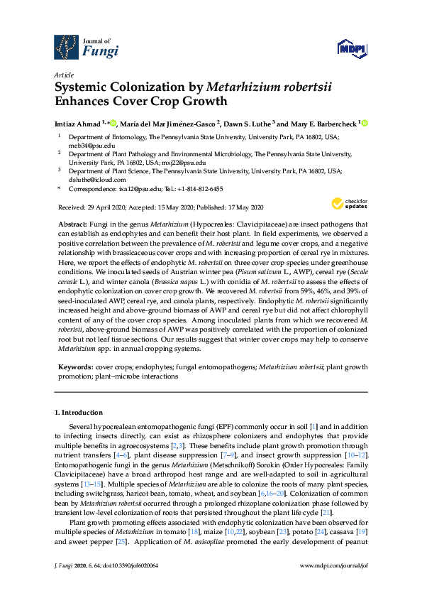 PDF Systemic Colonization By Metarhizium Robertsii Enhances Cover PDF Systemic Colonization By Metarhizium Robertsii Enhances Cover