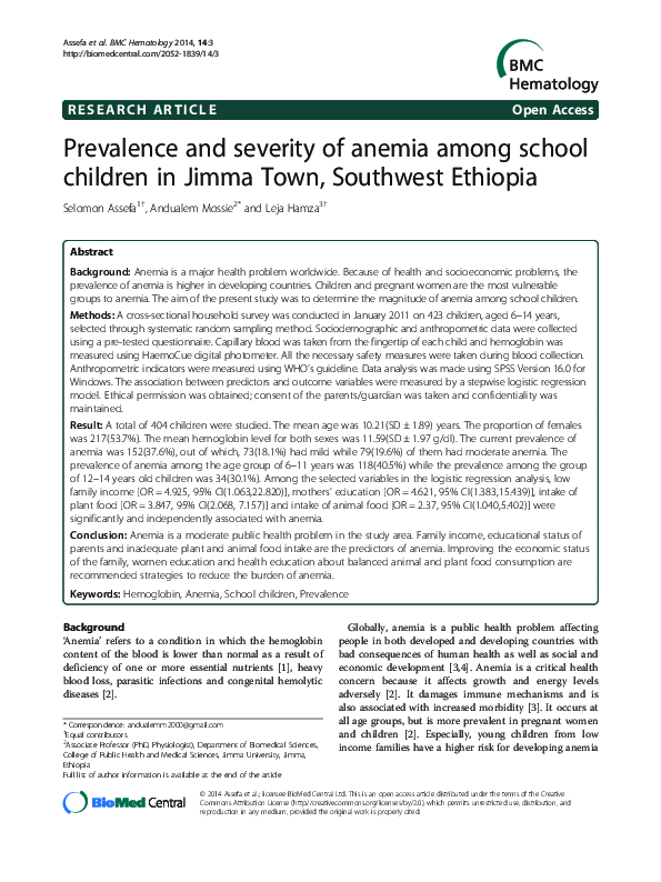 (PDF) Prevalence and severity of anemia among school children in Jimma ...