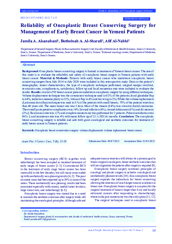 (PDF) Reliability of Oncoplastic Breast Conserving Surgery for ...