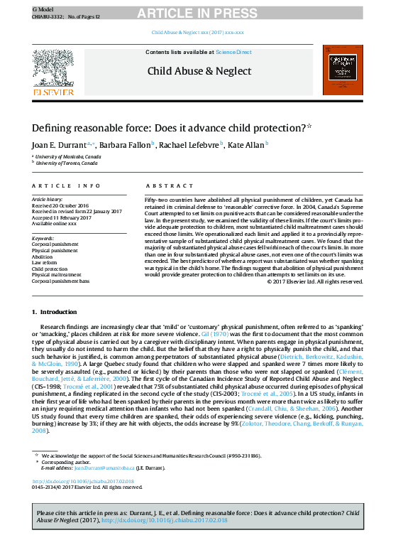 (PDF) Defining reasonable force: Does it advance child protection?
