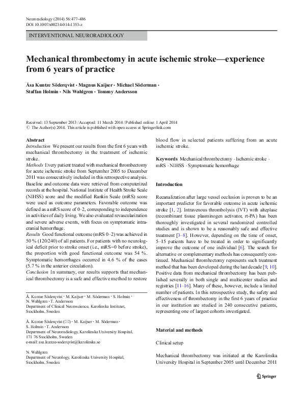 (PDF) Mechanical thrombectomy in acute ischemic stroke—experience from ...