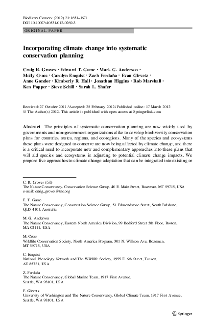 (PDF) Incorporating climate change into systematic conservation ...