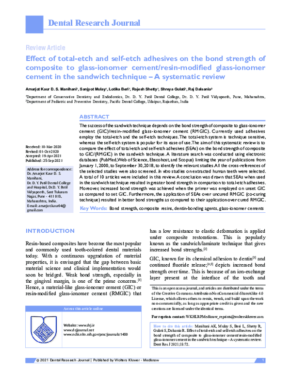 (PDF) Effect of totaletch and selfetch adhesives on the bond strength