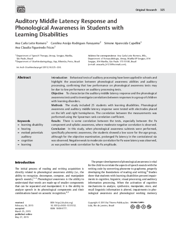 (PDF) Auditory Middle Latency Response and Phonological Awareness in ...