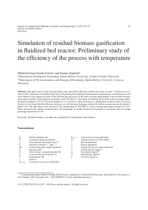 (PDF) Simulation of residual biomass gasification in fluidized bed ...