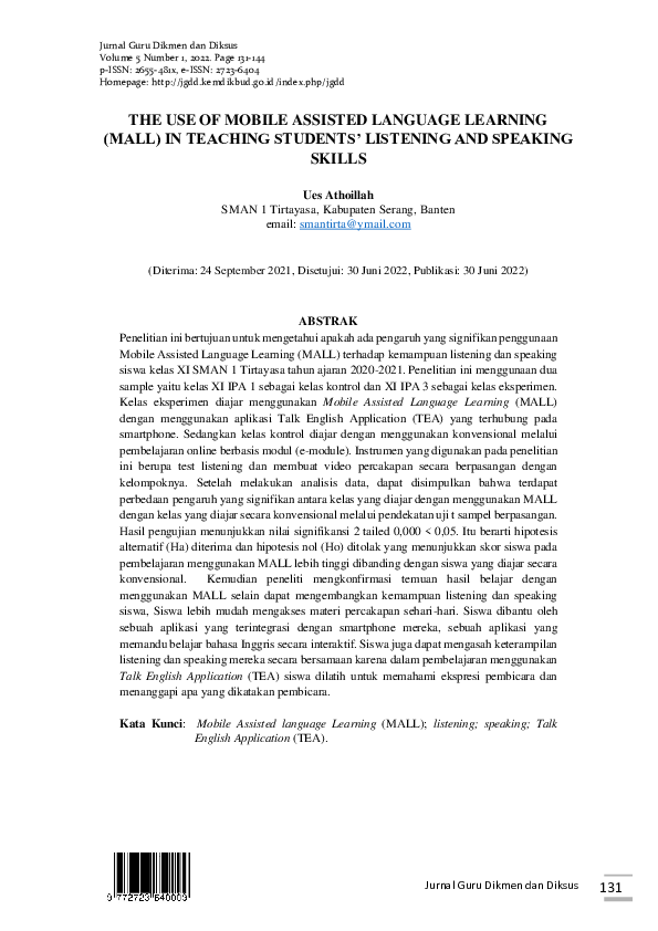 (PDF) The Use of Mobile Assisted Language Learning MALL in Teaching ...