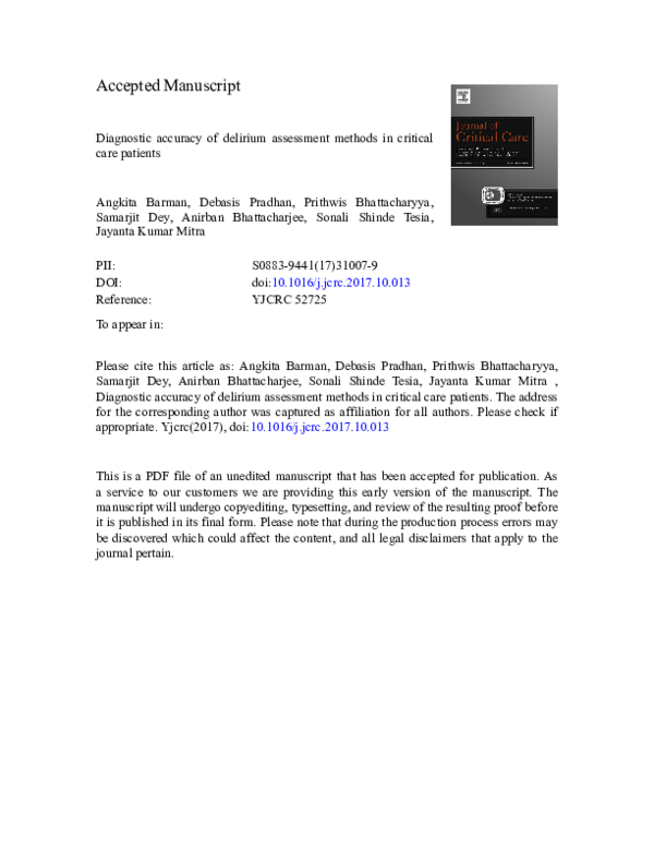 (PDF) Diagnostic accuracy of delirium assessment methods in critical ...
