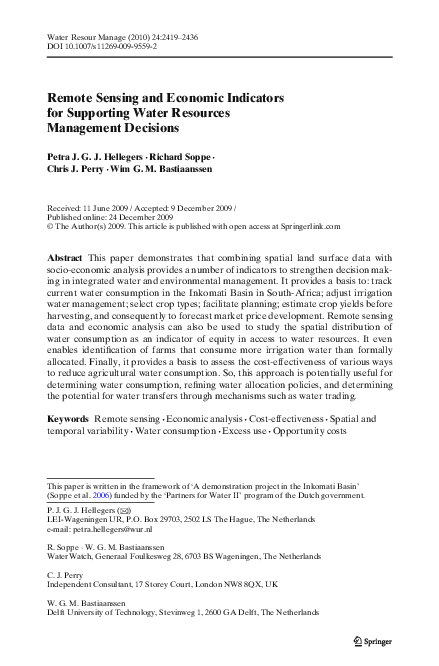 (PDF) Remote Sensing and Economic Indicators for Supporting Water ...