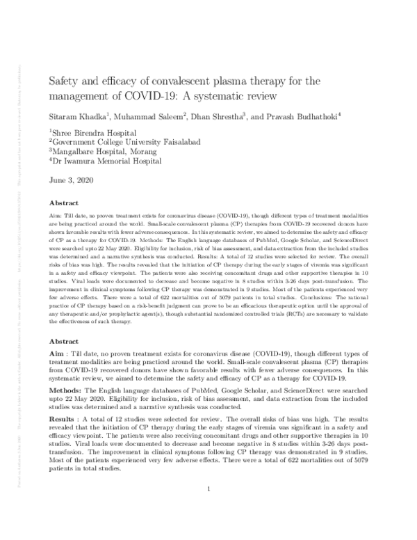 (PDF) Safety and efficacy of convalescent plasma therapy for the ...