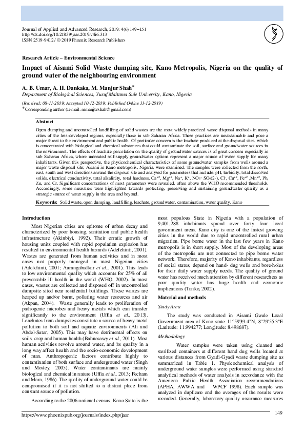 (PDF) Impact of Aisami Solid Waste dumping site, Kano Metropolis ...