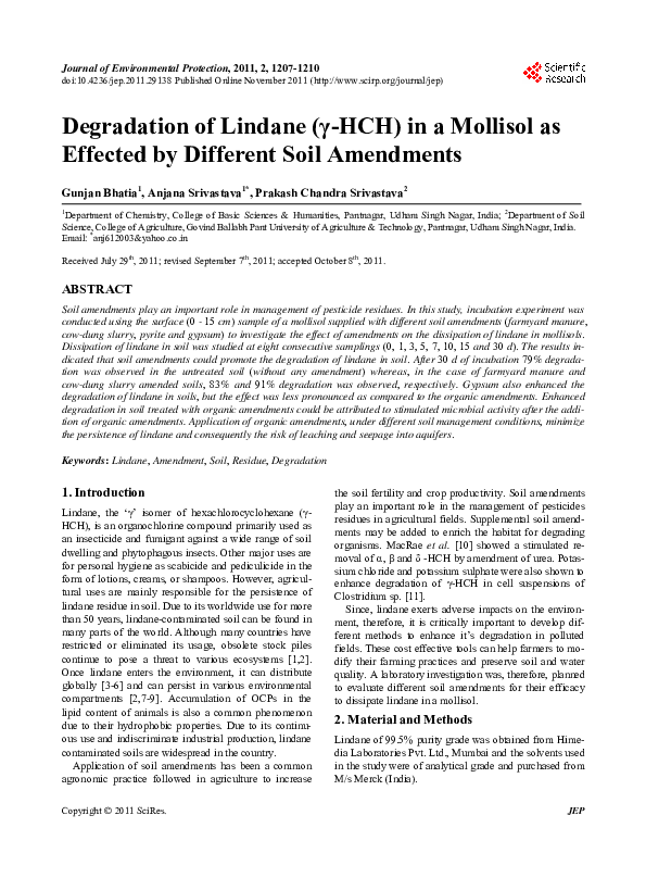 (PDF) Degradation of Lindane (γ-HCH) in a Mollisol as Effected by ...