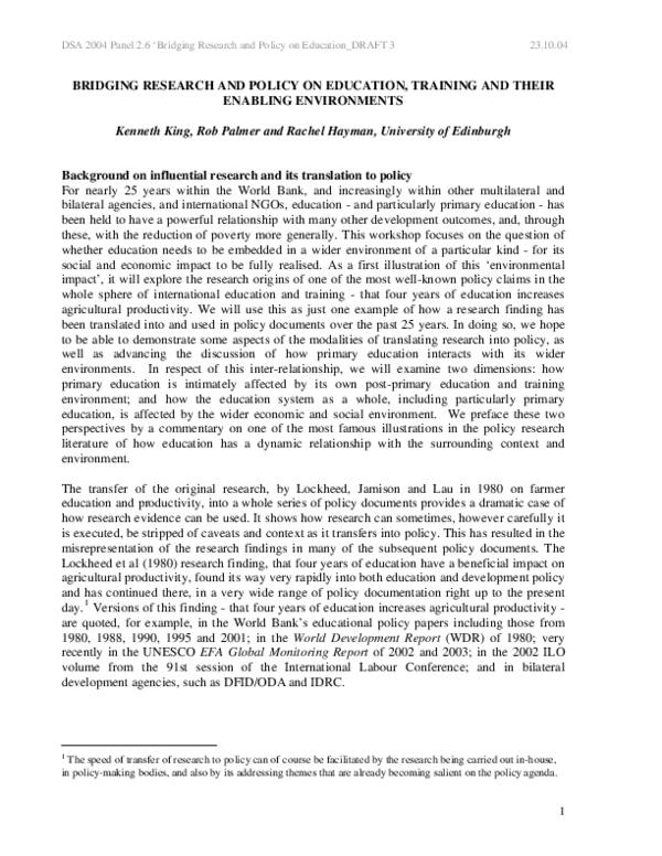 (PDF) Bridging research and policy on education, training and their ...