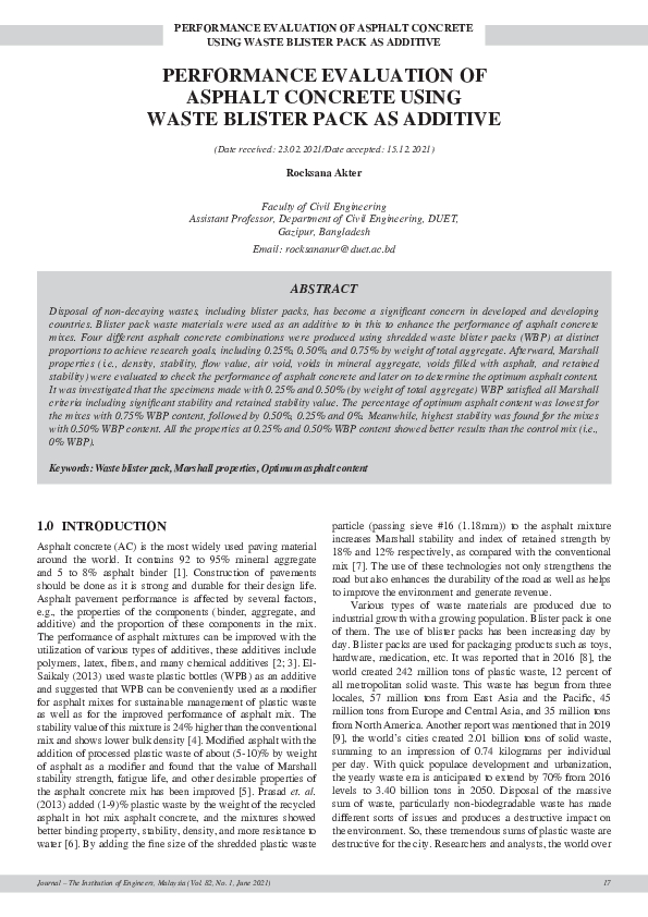(PDF) Performance Evaluation of Asphalt Concrete Using Waste Blister ...
