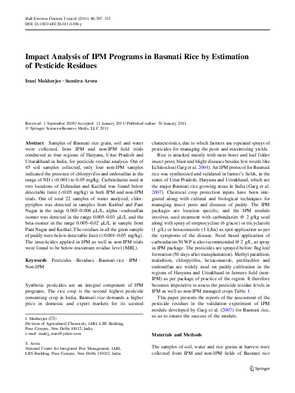 (PDF) Impact Analysis of IPM Programs in Basmati Rice by Estimation of ...