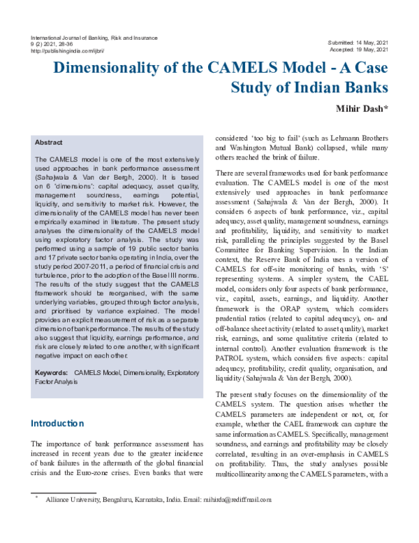 (PDF) Dimensionality of the CAMELS Model -A Case Study of Indian Banks
