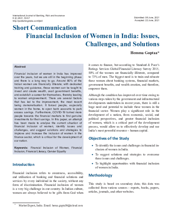 (PDF) Financial Inclusion of Women in India: Issues, Challenges, and ...