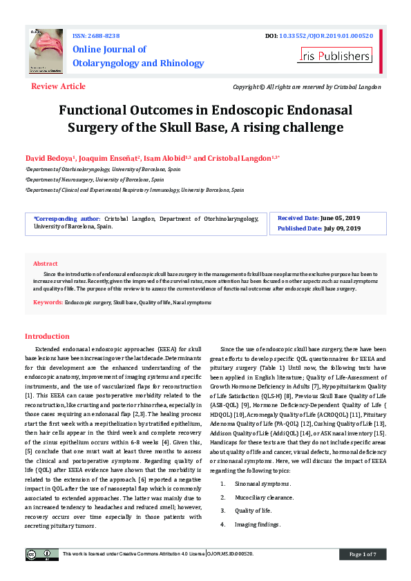 (PDF) Functional Outcomes in Endoscopic Endonasal Surgery of the Skull ...
