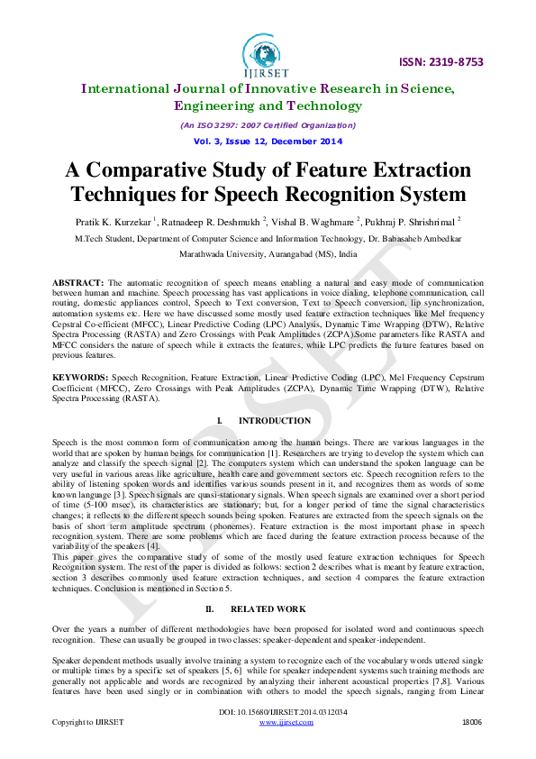 (PDF) A Comparative Study of Feature Extraction Techniques for Speech ...