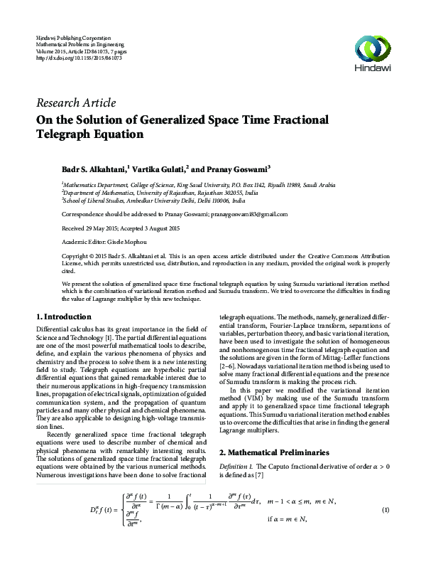 (PDF) On the Solution of Generalized Space Time Fractional Telegraph ...