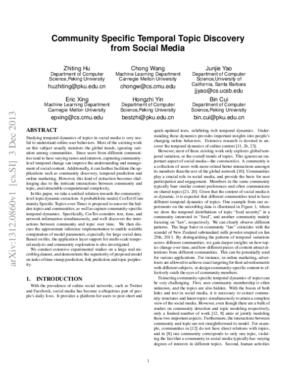 (PDF) Community Specific Temporal Topic Discovery from Social Media