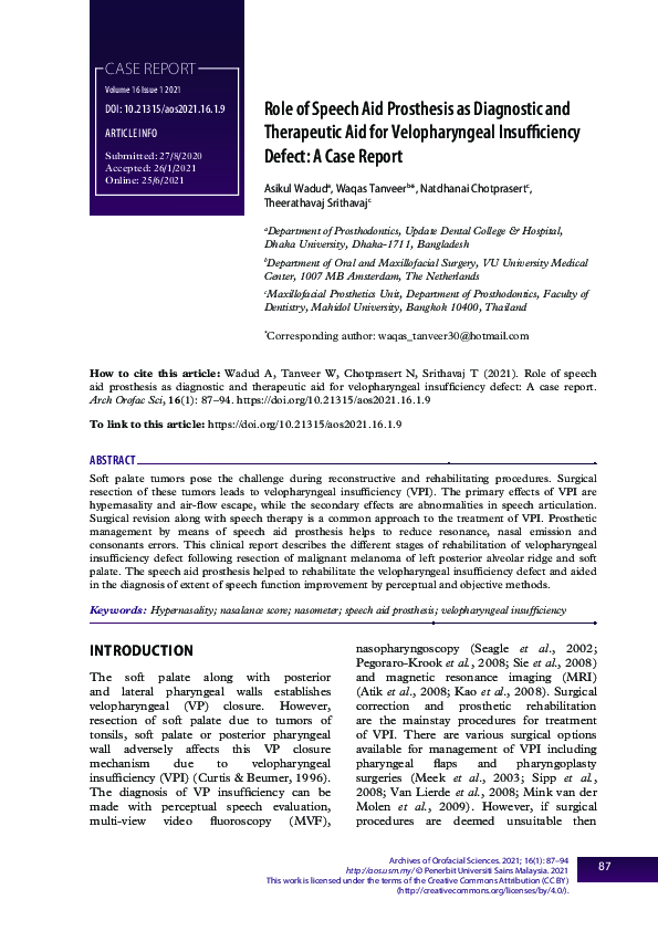 (PDF) Role of Speech Aid Prosthesis as Diagnostic and Therapeutic Aid